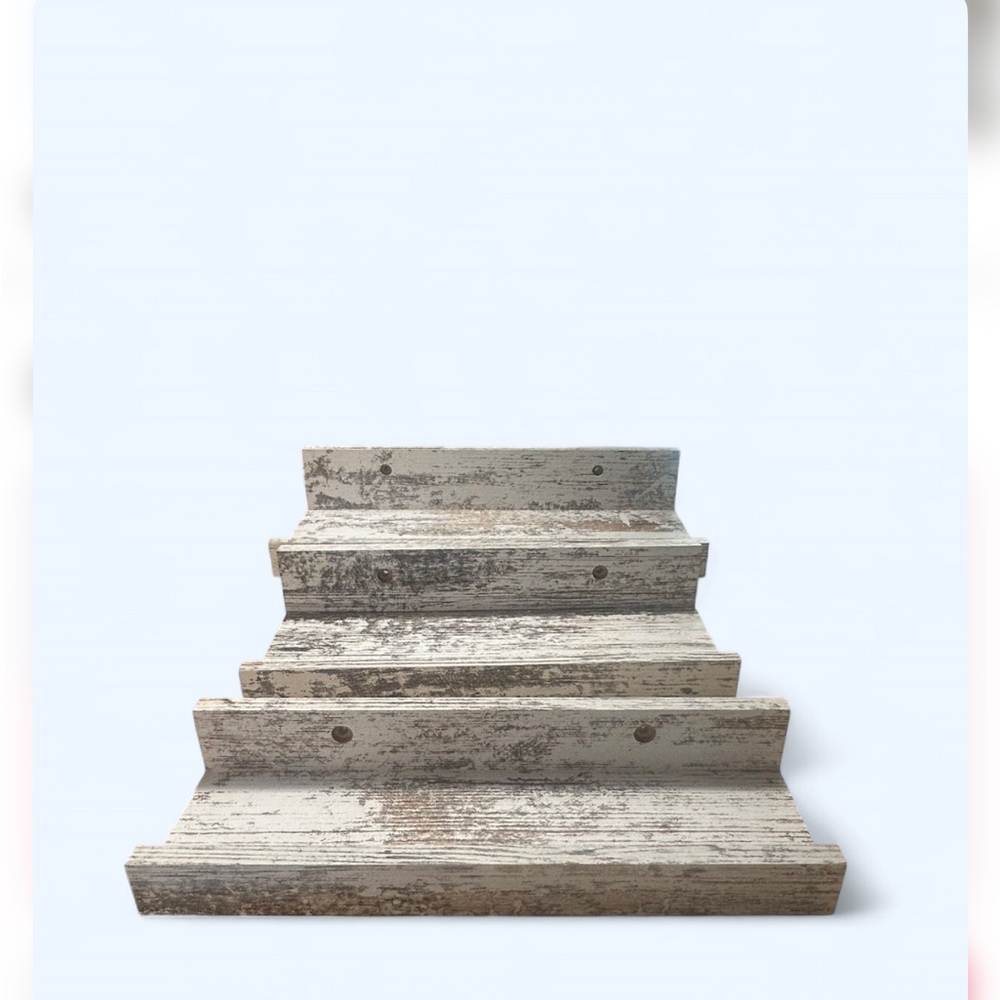 NWTs Amazon Distressed White and Brown Stepped Display Shelves set of 3